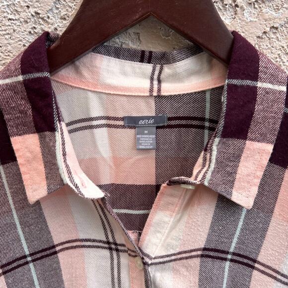 Aerie Fringe Hem Plaid Button Down Shirt Size Medium - Picture 3 of 6
